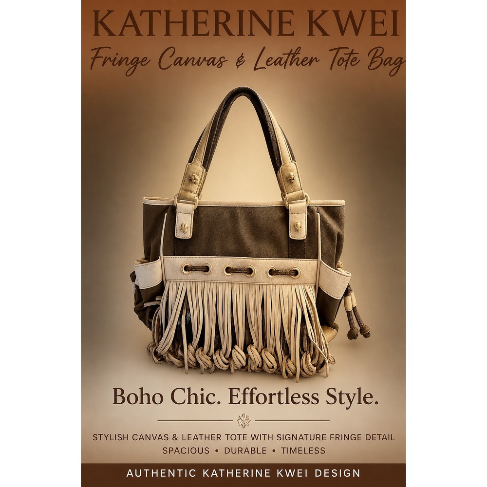 Katherine Kwei Olive Canvas Leather Fringe Tote Bag Boho Knotted Shoulder Purse
